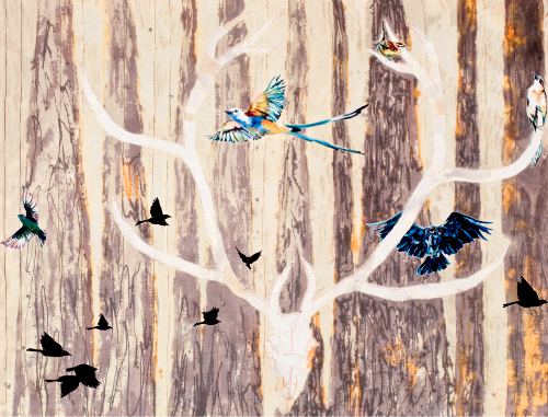 Traveling Song, 2010, 67&quot; x 91&quot;, oil on canvas, hand-dyed linen, thread, cotton, and polyester